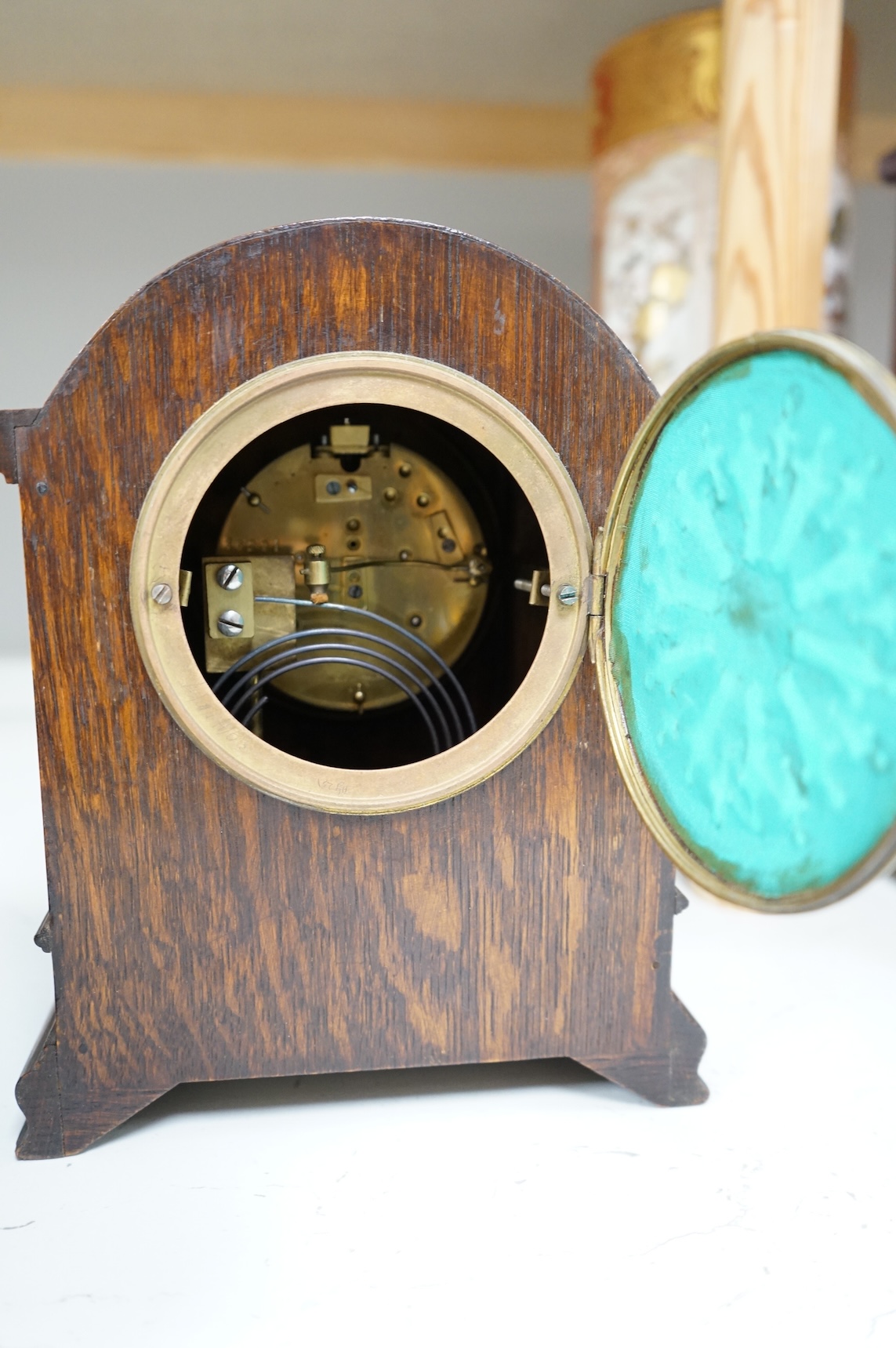 A Mappin & Webb oak mantel clock and dial clock, W & H German movement, dial clock 33cm diameter